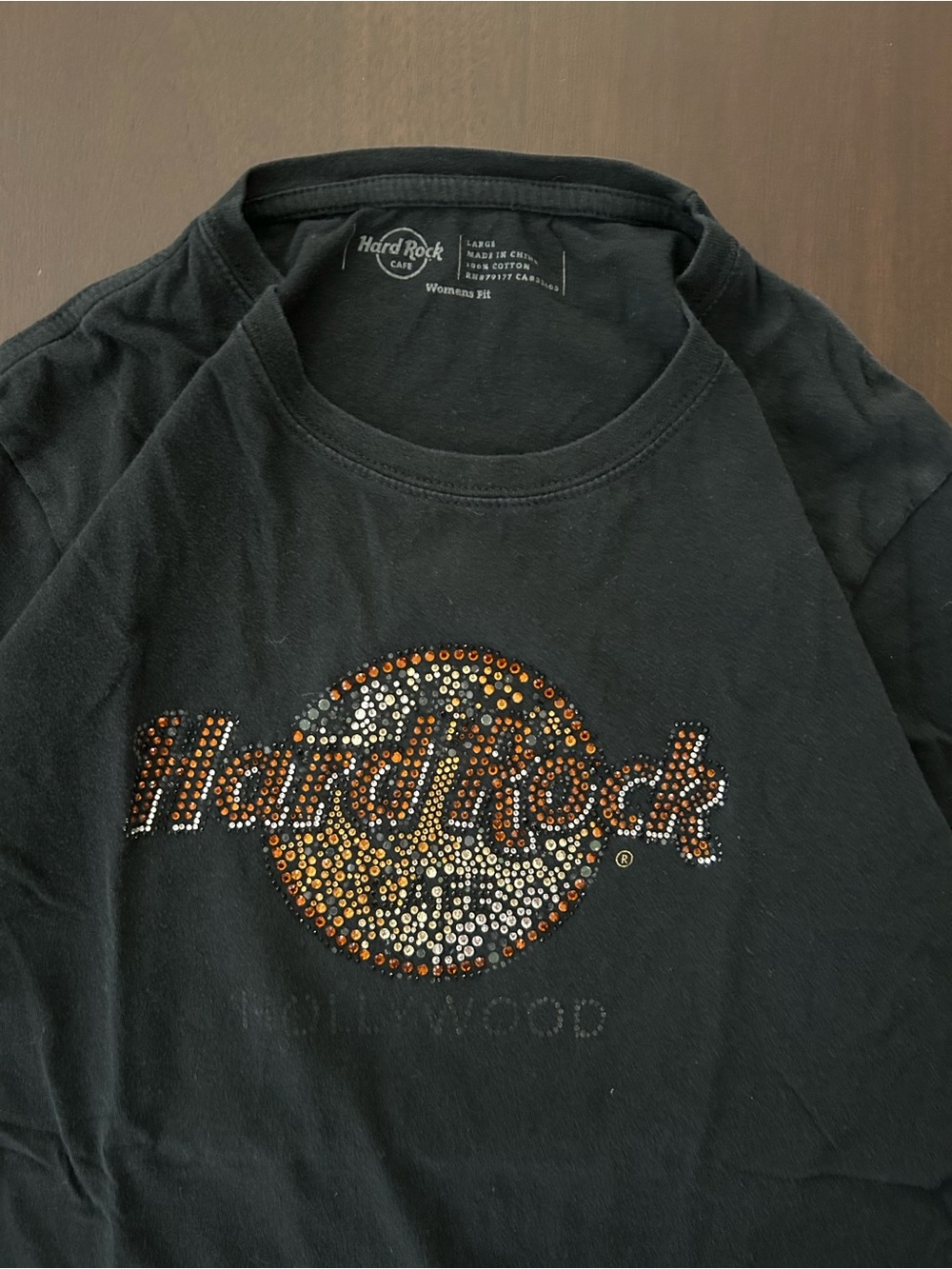 Hard Rock Cafe Hollywood Rhinestone‎ Tee Women's Size Large Black Short Sleeve